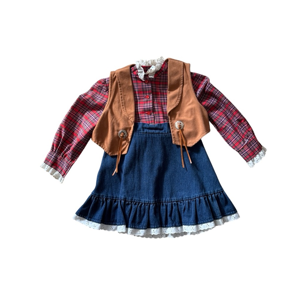 Vintage Girls Western Dress Denim And Red Plaid With Brown Best. ILGWU Size 4
